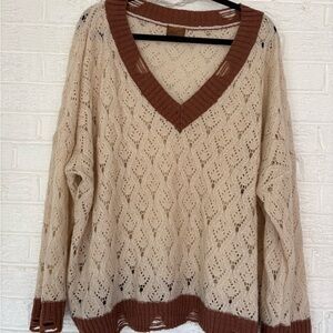 POL Cream and Brown V-Neck Sweater